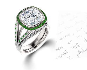 Latest Collection: Delicate Halo Micropave Side Accents Green Emeralds & Diamonds Engagement Rings