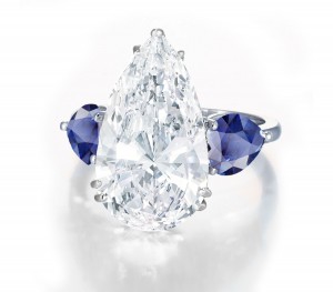 Pear-Shaped Diamond & Heart Blue Sapphire Three Stone Engagement and Right Hand Rings