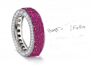 Made to Order French pave Set Brilliant Cut Round Diamonds & Pink Sapphires Eternity Rings & Bands