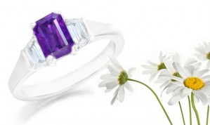 Emerald-Cut Purple Sapphire Three Stone Engagement Ring with Trapezoid Diamonds