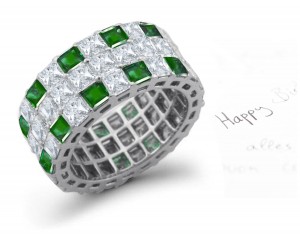 "Special Design" Three Rows of Princess Cut Diamond & Emerald Eternity Rings