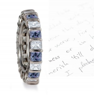 Circle of White & Blue Princess Cut Diamonds Sparkling in Bar Settings  in Platinum or 18k Gold