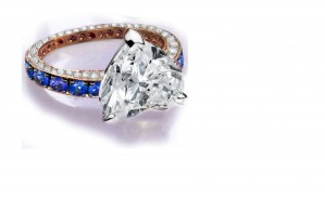 Ring with Heart Diamond & Pave Set Diamonds & Blue Sapphires in Gold or Platinum