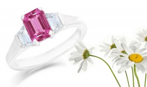 Emerald Pink Sapphire Three Stone Sapphire Engagement Ring with Trapezoid Diamonds in 14k White Gold