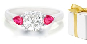 Pear Pink Sapphire 3 Stone Engagement Ring with Round Diamond in 14k White Gold & Platinum