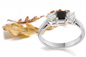 Square Black Sapphire Three Stone Sapphire Engagement Ring with Round Sapphires in 14k White Gold