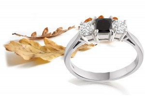 Square Black Sapphire Three Stone Sapphire Engagement Ring with Round Sapphires in 14k White Gold