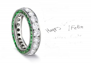 Micro pave Halo Brilliant Round-Cut Green Emerald & Diamond Eternity Rings