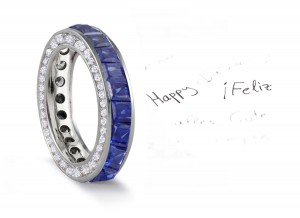 Micro pave Halo  Round & Princess Cut Diamond & Blue Sapphire Eternity Rings