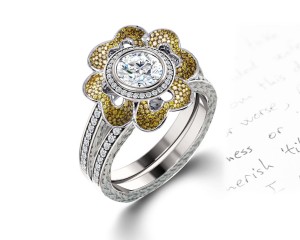 Delicate Micro Pave Halo Vivid Flower Yellow Sapphires & Brilliant-Cut Round Diamonds Designer Engagement Rings