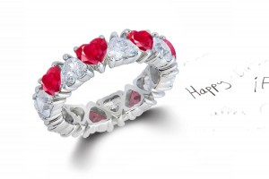 Heart Shaped Diamond Prong Set Diamond & Purple Sapphire Eternity Rings in Gold