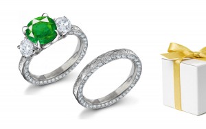 A Vintage Brazalian Emerald Diamond Engagement Ring & Gold Nature Foliate Scroll & Motifs Platinum Fashion Band