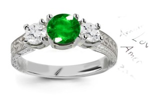 Find Treasures: Antique Style Round Emerald & Diamond 3 Stone Gold Engagement Ring