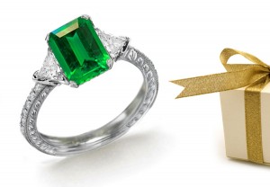 Half Hoop, three stones: Gold & Vibrant, Lucious Trillion Diamond & Emerald Cut Emerald 3 Stone Ring