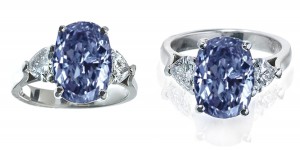 Blue Diamond Rings: Platinum Blue Oval Diamond and White Trillion Diamonds Engagement Rings