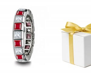 Princess Cut Ruby and Diamond Square Bezel Set Eternity Band in Gold