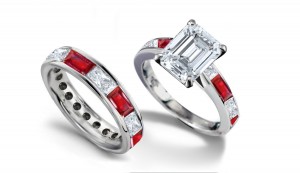 Emerald Cut Diamond & Baguette Ruby Ring & Sapphire Gold Band