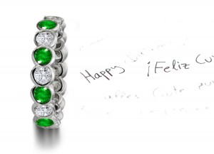 Splendid: Bezel Set Bright Crysta Lime Green Emerald & Diamond Eternity Wedding Band in Gold