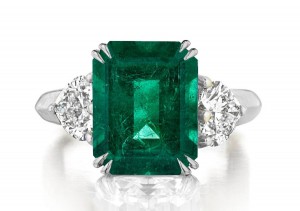 Made to Order Three Stone Rings Heart Shaped Diamonds & Emerald Cut Emerald Rings