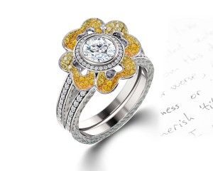 Delicate Micro Pave Halo Vivid Flower Yellow Sapphires & Brilliant-Cut Round Diamonds Designer Engagement Rings
