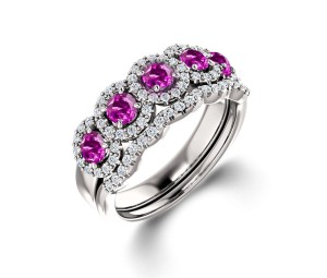 Delicate Micro Pave Halo Vivid Pink Sapphires & Brilliant-Cut Round Diamonds Designer Engagement Rings