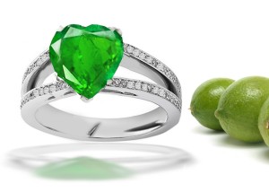 Custom Made Artisan: Pave Set Diamond Split Shank Gold & Emerald Heart & Diamond Ring