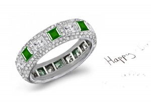 Pave Set Princess Cut Rock White Diamond & Square Emerald Eternity Band