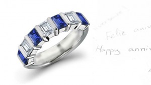5 Stone Emerald Cut Diamond Sapphire Ring in Platinum