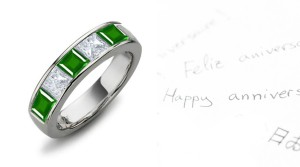 Love: Five Stone Princess Cut Emerald & Diamond Mens Band in Platinum & 14k White Gold All Sizes