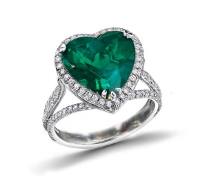 Ring with Heart Diamond & Pave Set Emeralds & White Diamonds in Gold or Platinum