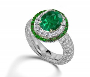 Latest Collection: Delicate Halo Micropave Side Accents Green Emeralds & Diamonds Engagement Rings