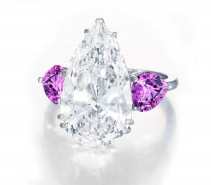 Pear-Shaped Diamond & Heart Purple Sapphire Three Stone Engagement and Right Hand Rings