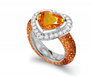 Delicate Micro Pave Round Brilliant Cut & Heart Orange Sapphires & Diamonds Halo Ring