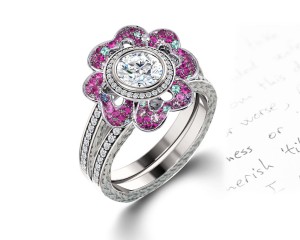 Delicate Micro Pave Halo Vivid Flower Rainbow Sapphires & Brilliant-Cut Round Diamonds Designer Engagement Rings