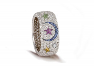 High Quality French pavee Multi-Colored Sapphire & Brilliant-Cut Round Diamond Moon & Stars Eternity Rings & Bands