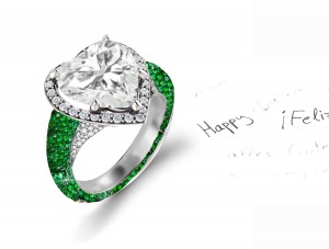 Made to Order Micro Pave Halo Round Diamonds & Heart Shaped Emerald Rings