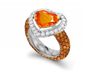 Delicate Micro Pave Round Brilliant Cut & Heart Orange Sapphires & Diamonds Halo Ring