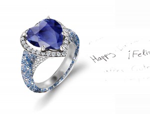 Custom Manufactured Precision Set Pave Halo Brilliant Round Diamonds & Heart Blue Sapphire Rings