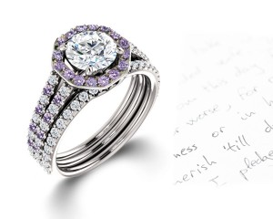 Vibrant Purple Sapphires and Diamonds Halo Micropave Engagement Rings With Vivid Colored Gemstone Accents