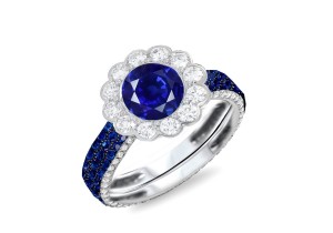 Custom Round Diamond & Blue Sapphire Flower Engagement and Right Hand Rings