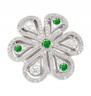 Brilliant Gold Special Design Artisan, Milgrain, Filigree Micropave, "Vibrant" Emerald, Diamond Flower Ring