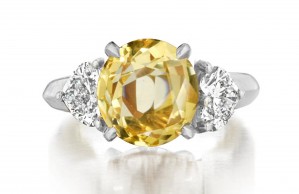 Premium Quality Unique Heart Shaped Diamonds & Yellow Sapphire Round Three Stone Rings