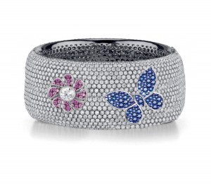 Delicate French pavee Sparkling Brilliant-Cut Round Diamonds & Vivid Multi-Colored Precious Stones Eternity Rings & Bands Featuring Vintage Flowers & Butterflies