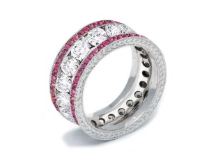 Shop Fine Quality Made To Order Round Hand Engraved Diamond & Pink Sapphire Eternity Style Wedding & Anniversary Rings