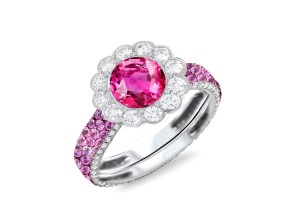 Custom Round Diamond & Pink Sapphire Flower Engagement and Right Hand Rings