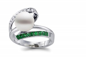 Ancient Bead Set Diamond, Emerald, & Pearl Bypass Ring with 7 mm Natural Pearl, .50 cts diamonds