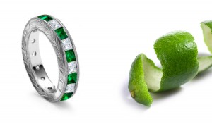 Engraved Platinum & Square Emerald & Princess Diamond Eternal Love Ring with Dark Shades of Brilliant Green