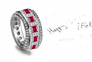 Micropavee Ruby Diamond Eternity Band with Square Ruby in Center in Gold