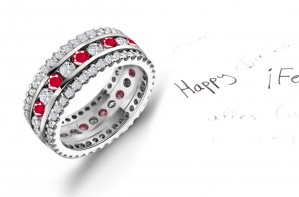 Glittering Gems: Three Sparkling Rows of Ruby & Diamond Eternity Bands in Platinum 950 Size 3 to 6