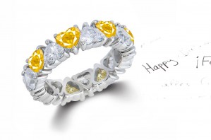 Heart Shaped Diamond Prong Set Diamond & Yellow Sapphire Eternity Rings in Gold